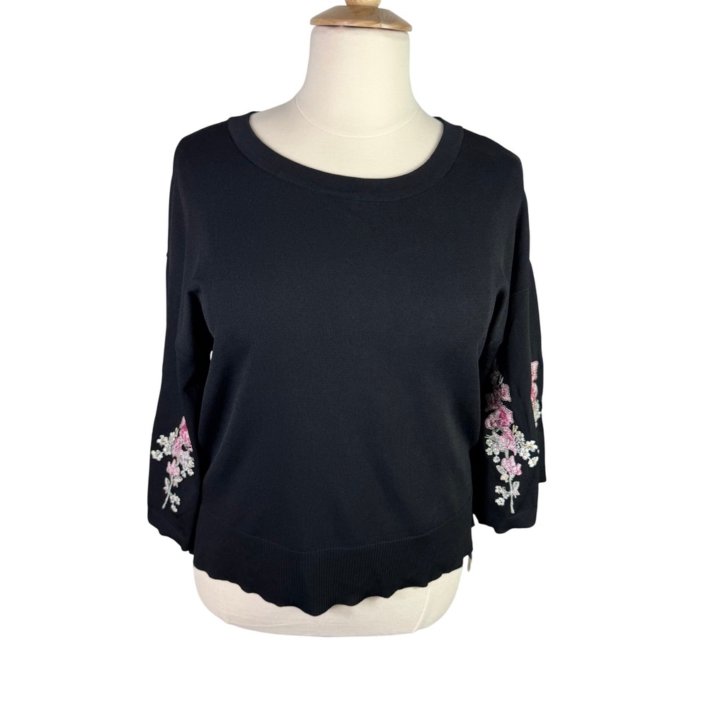 INC Women's Top Blouse Peony Garden Floral Embroidered Black 1X NEW
